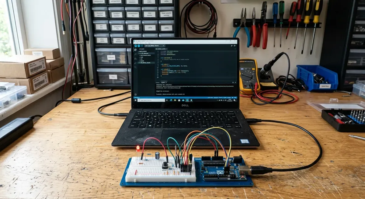 Portátil con el Arduino IDE abierto sobre un banco de trabajo, conectado por USB a una placa Arduino Uno con un LED rojo encendido en una protoboard