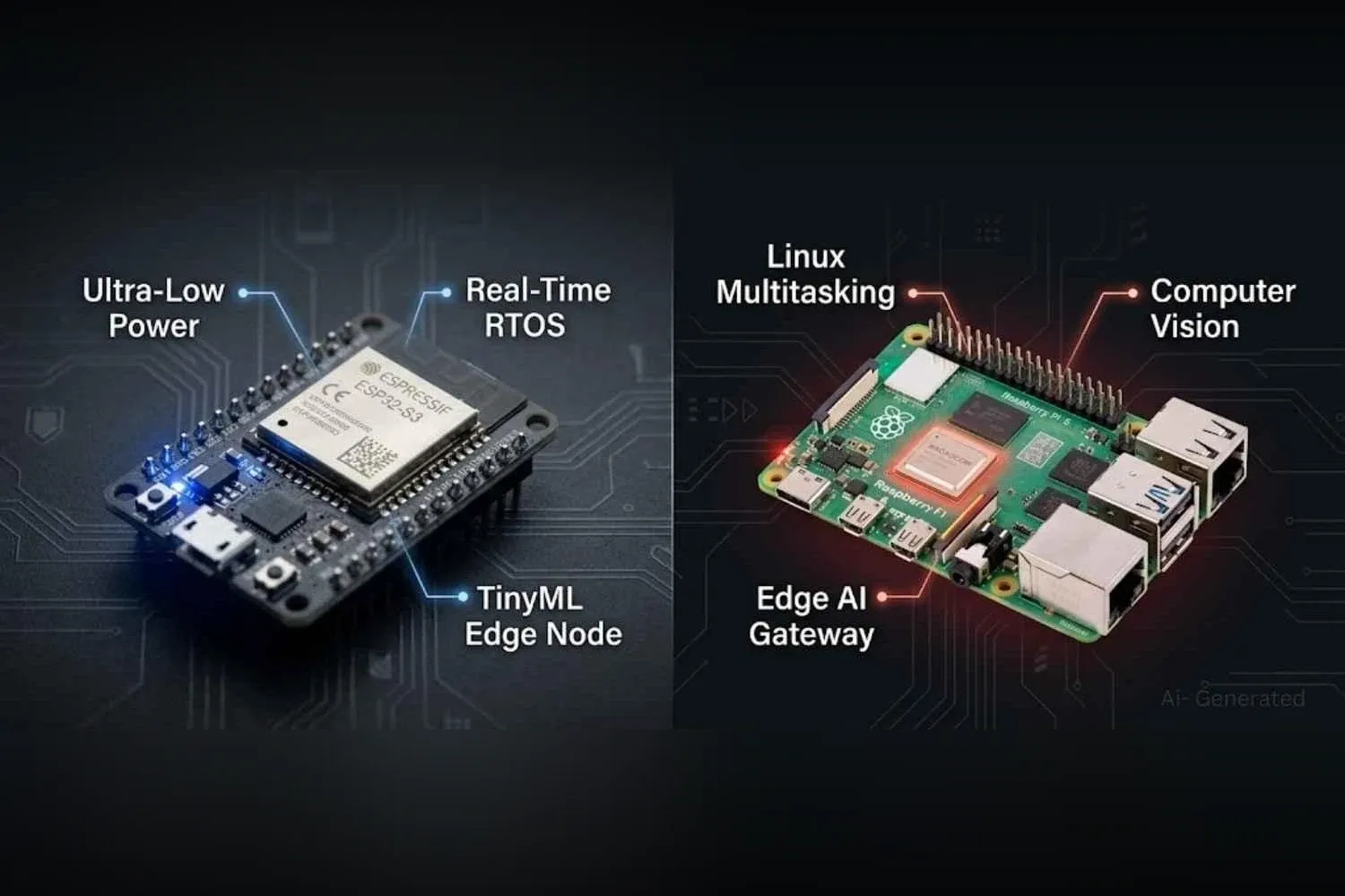 Comparativa de una placa ESP32-S3 con etiquetas de bajo consumo, RTOS y TinyML, junto a una Raspberry Pi 5 con etiquetas de multitarea Linux, visión por computador y pasarela de IA en el borde
