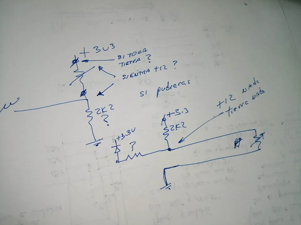 Hoja de papel con un circuito dibujado a mano en bolígrafo azul: una entrada con diodos de recorte hacia +3V3 y masa, resistencias de 2,2 kΩ y anotaciones manuscritas preguntando qué pasa si la entrada toca tierra o si recibe 12 V