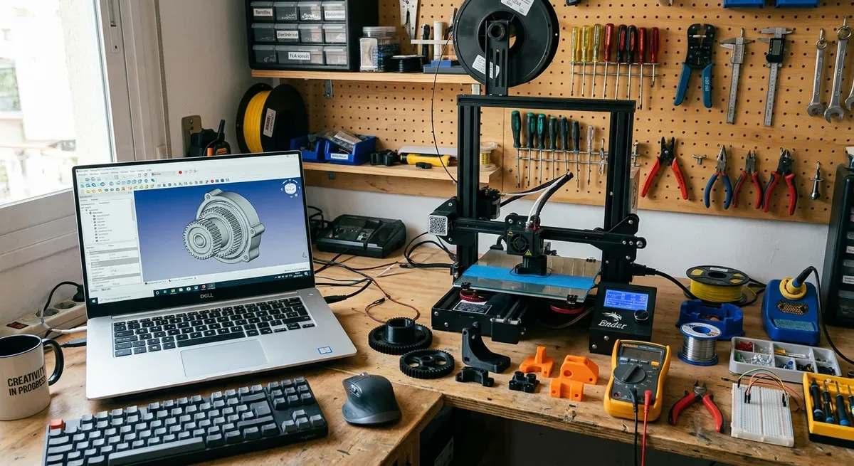 Banco de taller con un portátil mostrando una pieza de engranajes en FreeCAD, una impresora 3D Ender, engranajes impresos, un multímetro y una protoboard