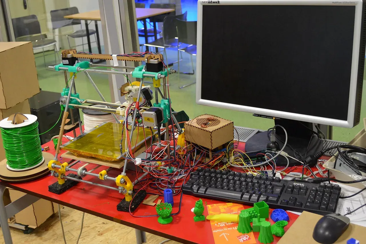 Impresora 3D de armazón abierto en un taller, con un carrete de filamento verde y piezas impresas sobre la mesa