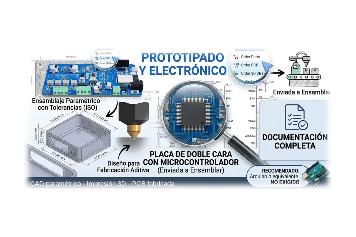 Infografía del ciclo completo de prototipado: carcasa paramétrica con cotas, boquilla de impresión 3D, placa de doble cara con microcontrolador vista con lupa, pedido de PCB y documentación completa