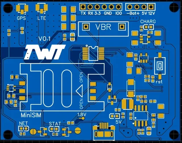 Vista de diseño 2D de la cara frontal de la PCB a la medida.