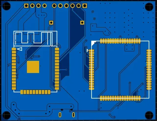 Vista de diseño 2D de la cara posterior de la PCB a la medida.