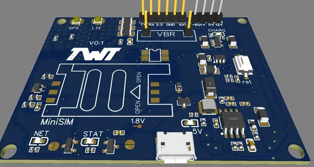 Render 3D de la PCB a la medida, con los conectores GPS/LTE, zócalo MiniSIM y etapa de carga.