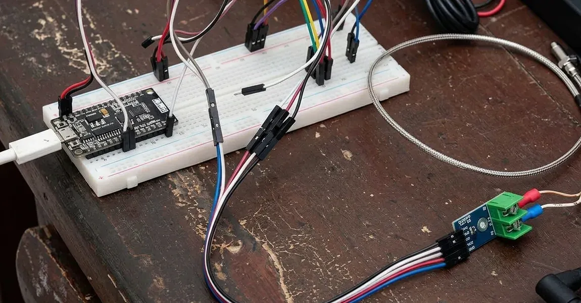 NodeMCU con ESP8266 sobre una protoboard, con cables de puente hacia un módulo MAX6675 verde al que llega un termopar tipo K de sonda roscada con cable trenzado de acero