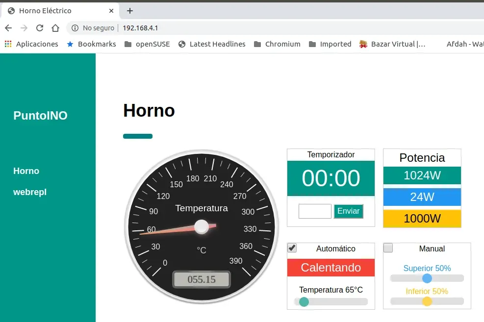 Captura del navegador en la dirección 192.168.4.1 con la página del horno: indicador de aguja en 55,15 °C, estado «Calentando», potencia total de 1024 W y los controles de automático y manual
