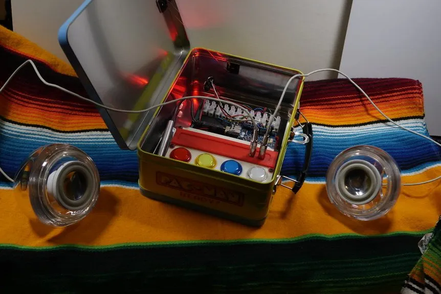 Proyecto casero de electrónica con luces de colores dentro de una lonchera metálica