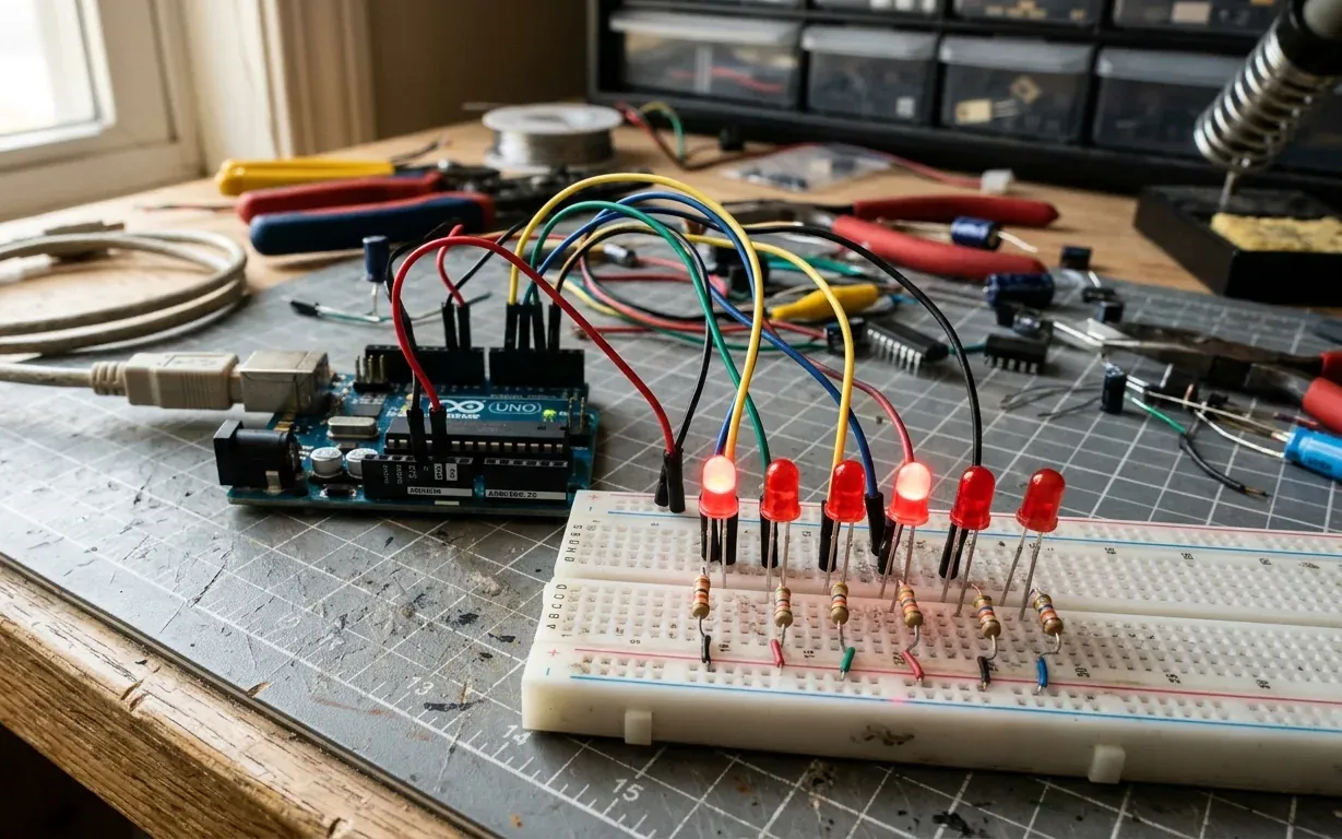 Fila de LEDs rojos encendidos con sus resistencias en una protoboard, cableados a una placa Arduino Uno
