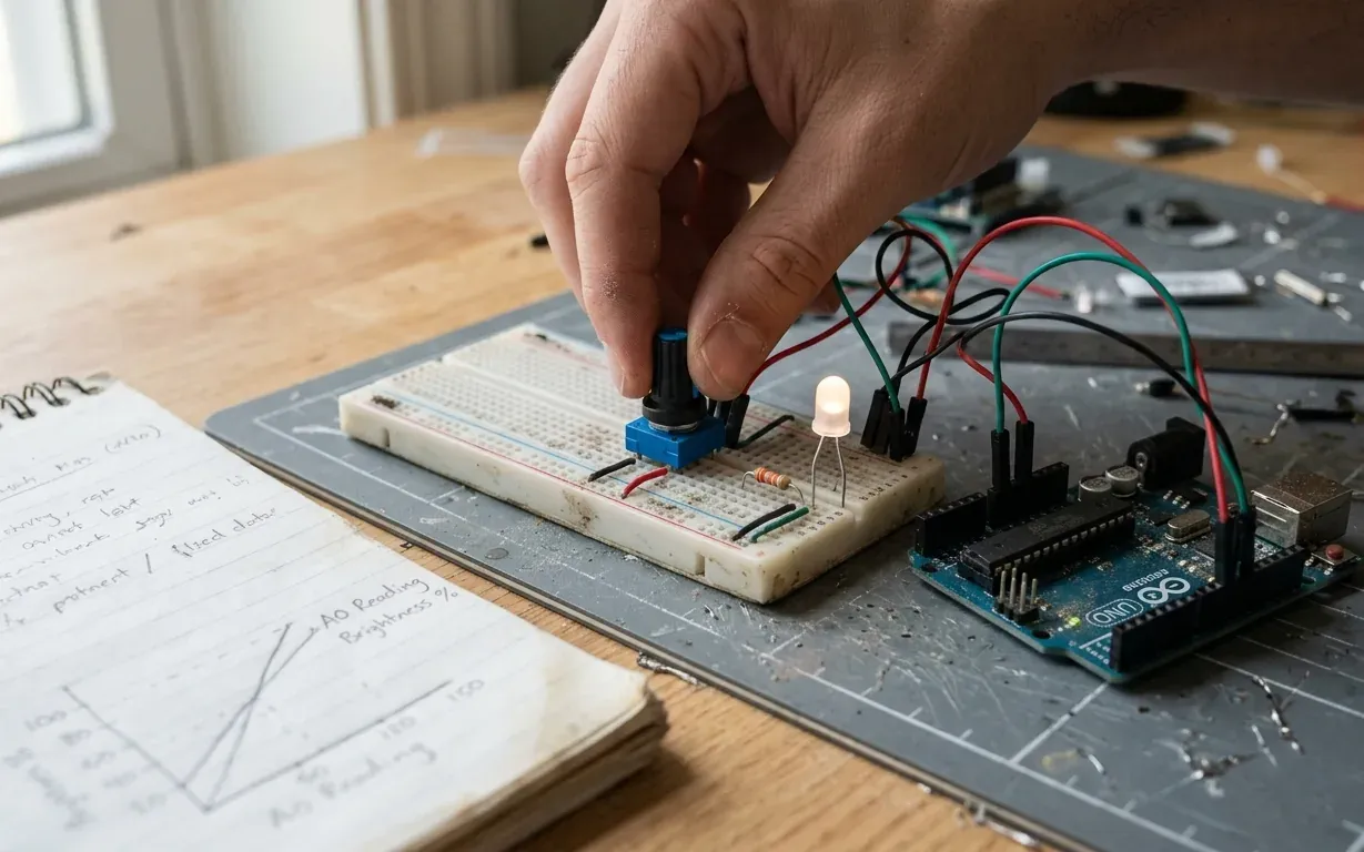 Una mano gira el potenciómetro de una protoboard junto a un LED atenuado, con un cuaderno de gráficas al lado
