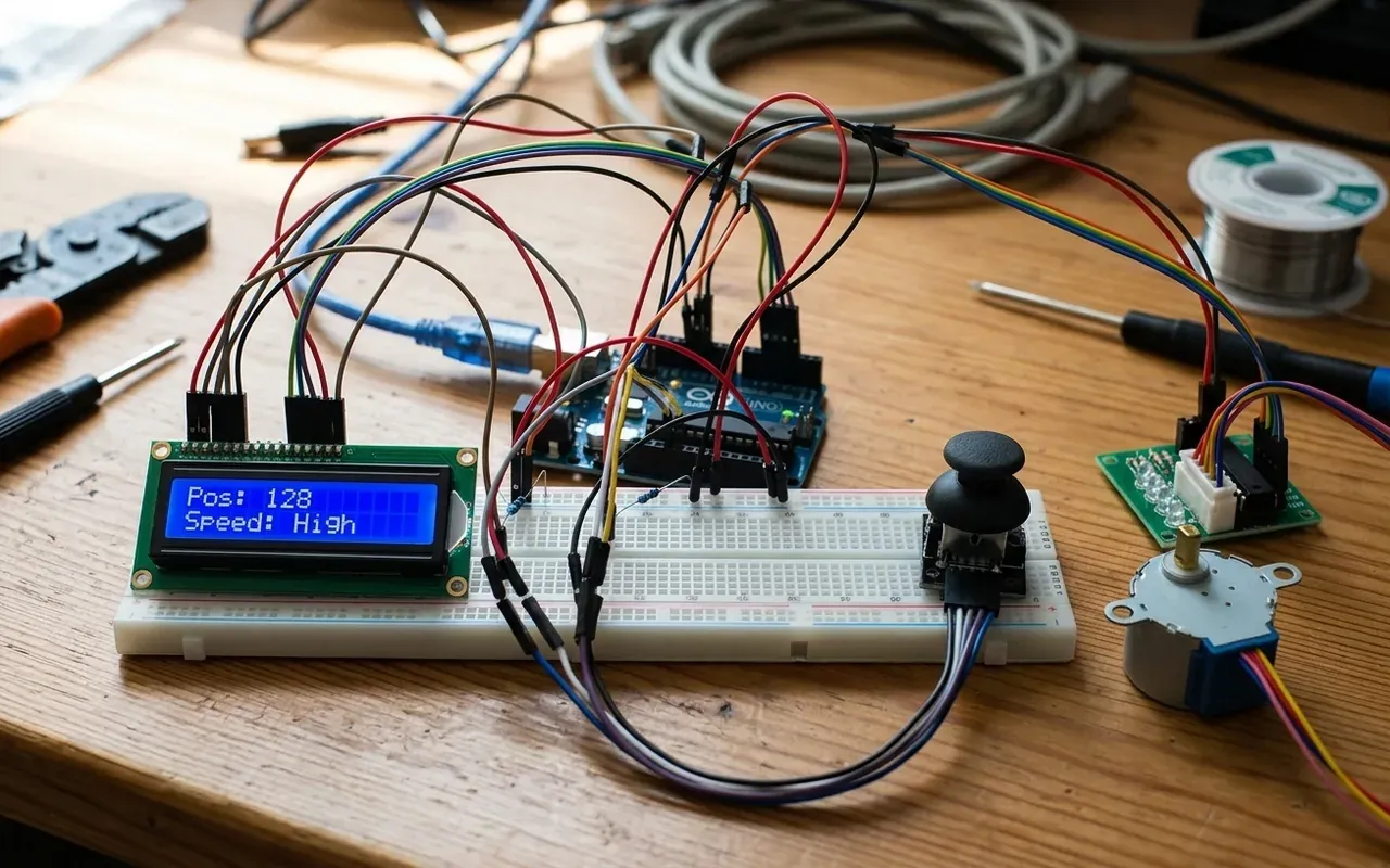 Pantalla LCD de 16x2 encendida junto a un joystick analógico y un motor paso a paso cableados a una protoboard