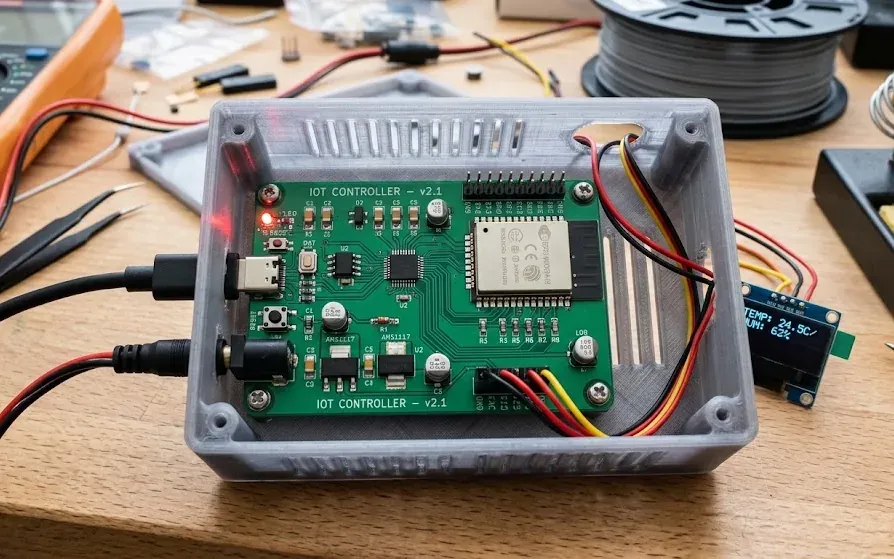 PCB verde propia con un ESP32 soldado, alojada en una caja impresa en 3D translúcida, con cables de alimentación y una pantalla OLED al lado