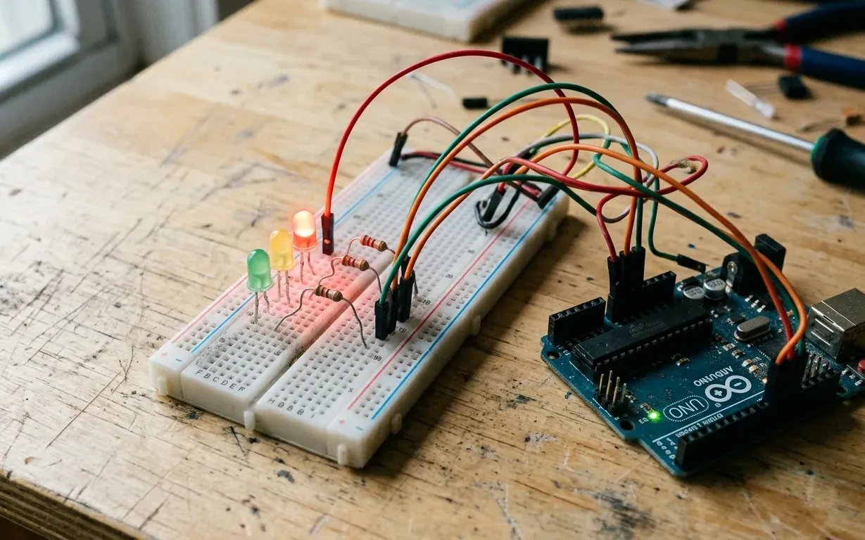 Semáforo de LEDs rojo, amarillo y verde en una protoboard, cableado a una placa Arduino Uno sobre un banco de trabajo