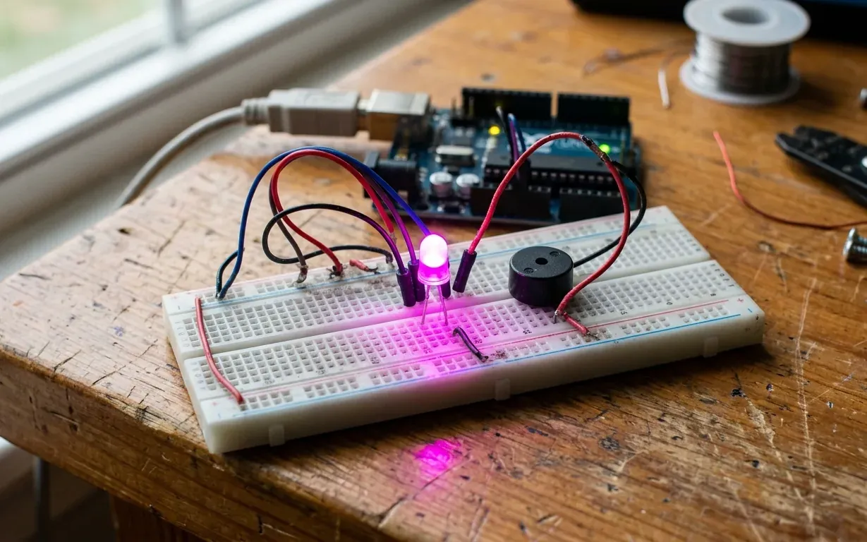 LED RGB encendido en magenta sobre una protoboard, junto a un zumbador piezoeléctrico y una placa Arduino Uno