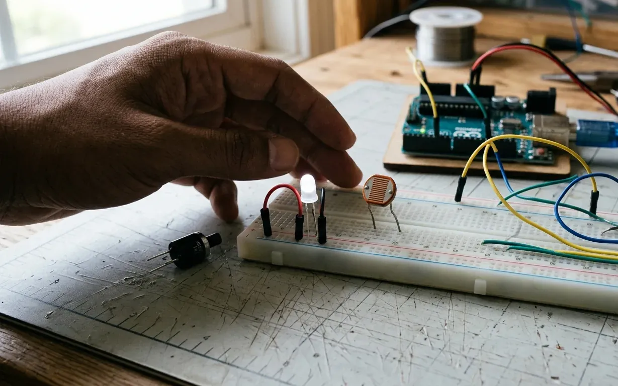 Una mano hace sombra sobre una fotorresistencia montada en una protoboard mientras el LED blanco de al lado se enciende