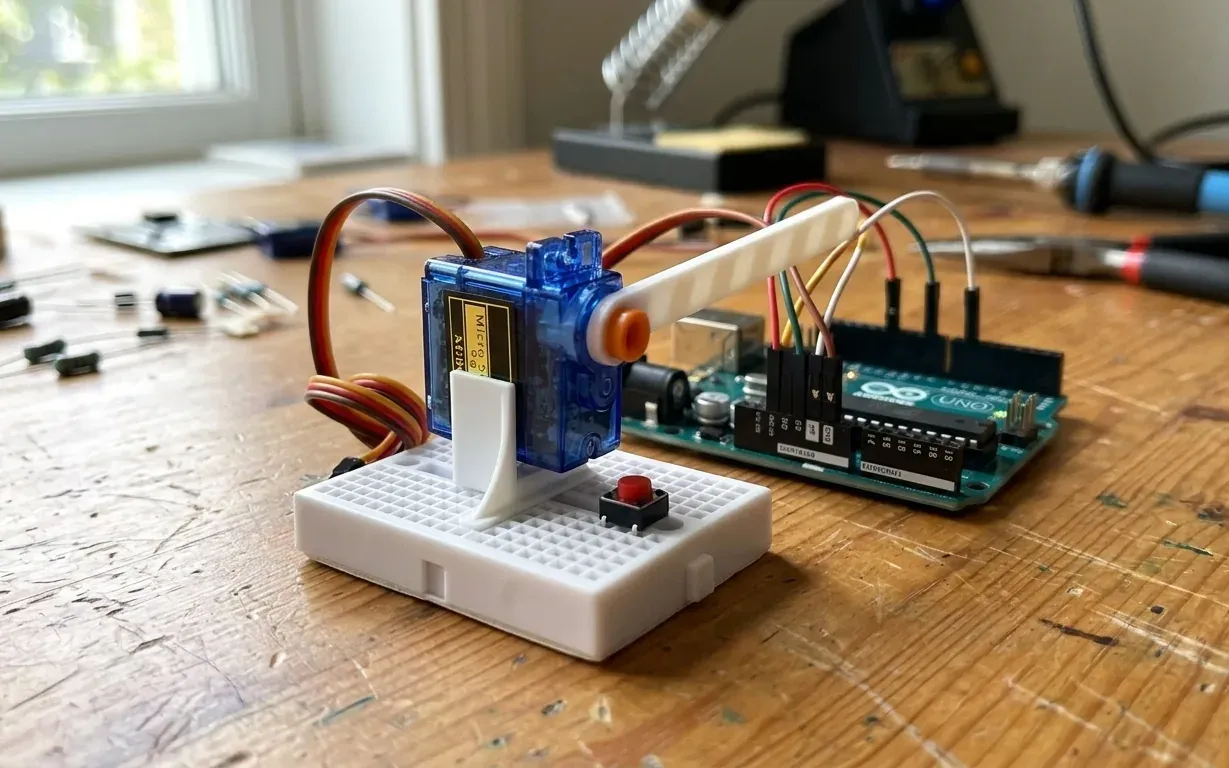 Servomotor azul con un brazo blanco levantado como barrera, junto a un botón en una miniprotoboard y una placa Arduino Uno
