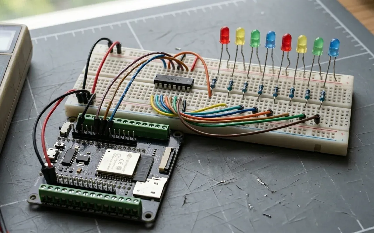 Placa ESP32 cableada a un registro de desplazamiento 74HC595 en una protoboard, que alimenta una fila de ocho LEDs de colores con sus resistencias