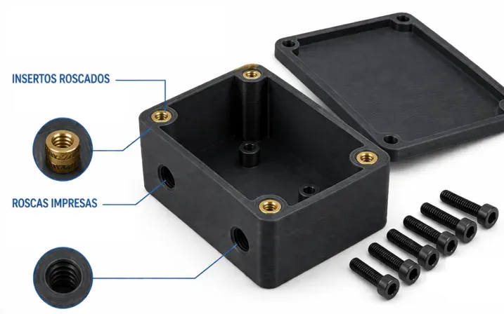 Carcasa negra impresa en 3D con insertos roscados de latón en las esquinas, roscas impresas en los laterales, tapa y tornillos allen