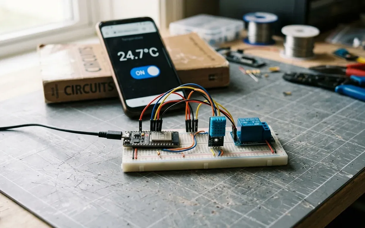 Placa ESP32 con sensor de temperatura y módulo de relé en una protoboard, con un teléfono al fondo mostrando la lectura y un interruptor
