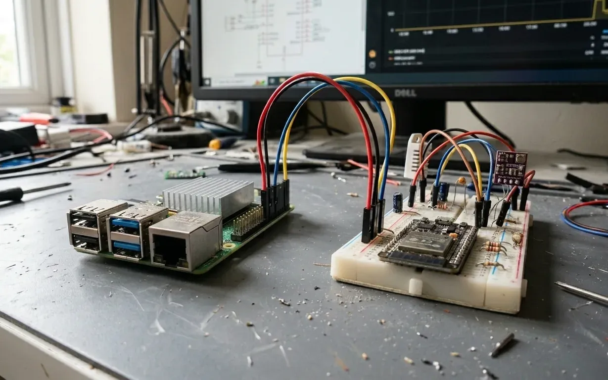 Raspberry Pi conectada por cables de colores a una placa ESP32 con sensores sobre una protoboard, frente a un monitor con una gráfica