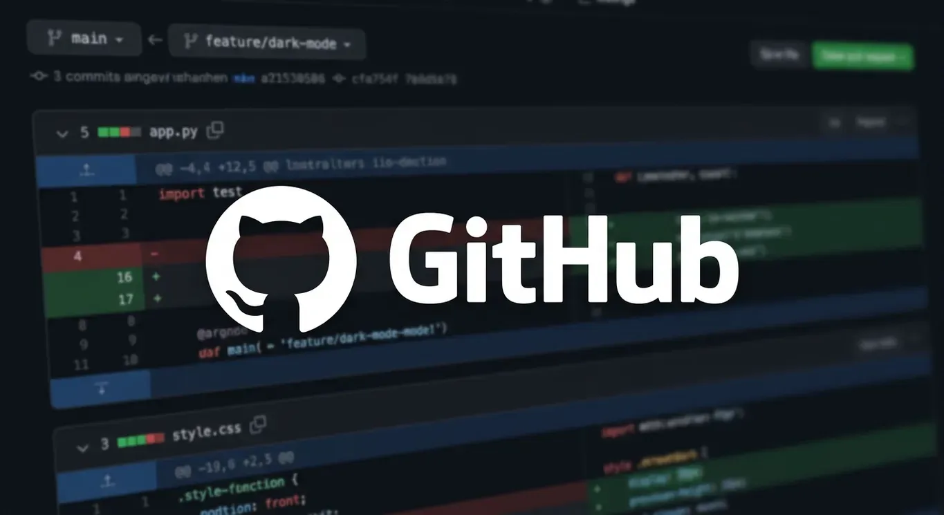 Logotipo de GitHub sobre una vista de diff de un pull request, con líneas eliminadas en rojo y agregadas en verde