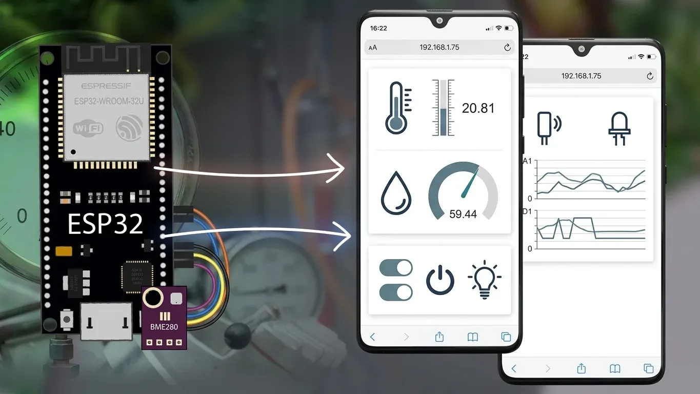 Placa ESP32 con un sensor BME280 cableado, con flechas hacia dos celulares que muestran en el navegador la lectura de temperatura y humedad, un interruptor de salida y gráficas
