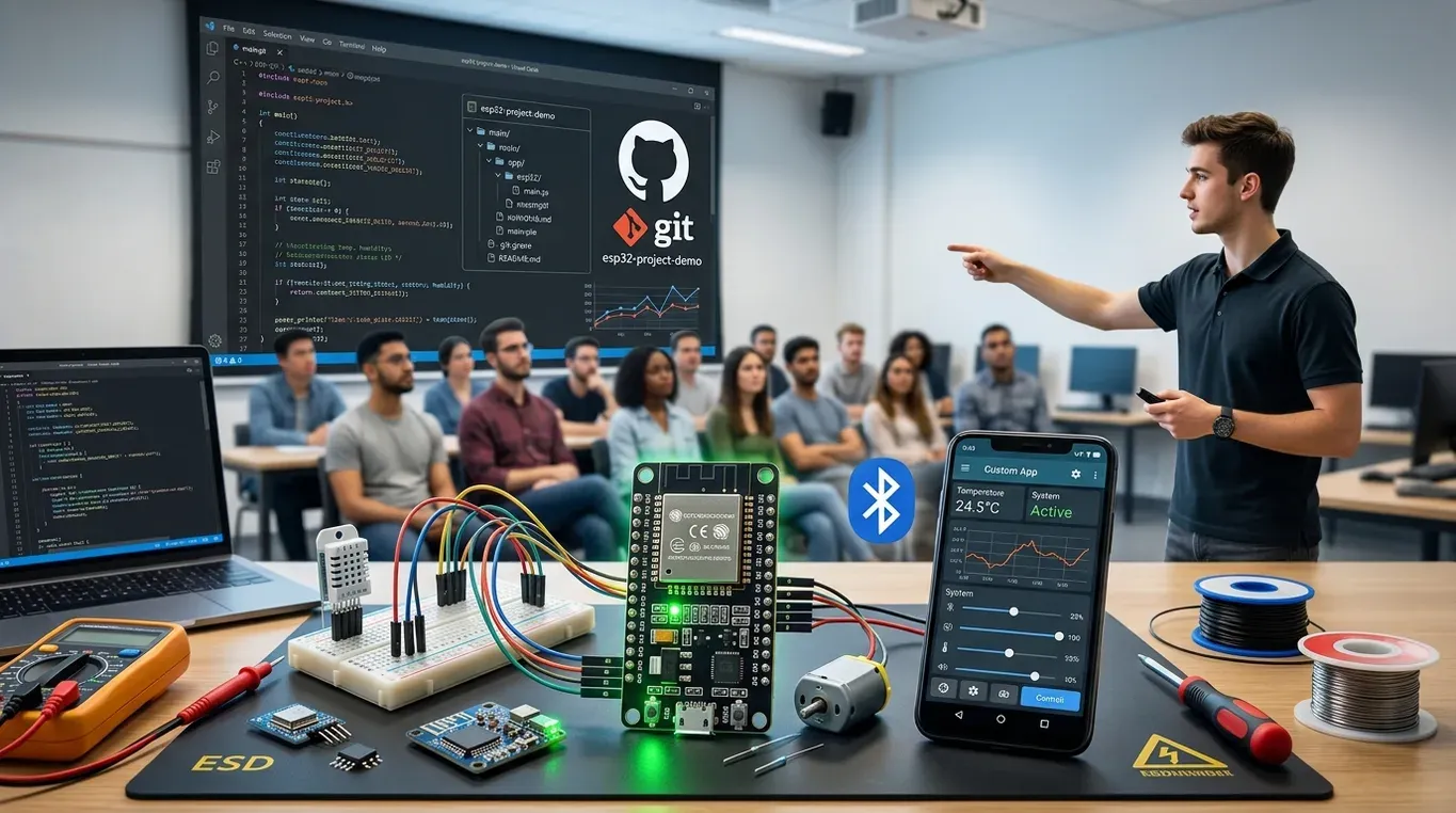 Estudiante frente al grupo señalando un proyector con código y el logotipo de GitHub, con una placa ESP32 cableada a un sensor, un motor y un celular con la app sobre la mesa